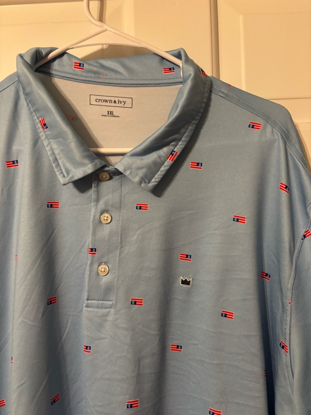 crown & ivy Light Blue Polo with Mini Flag Print
